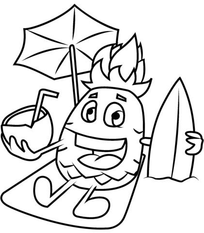 Pineapple Character Is On A Beach Coloring Page